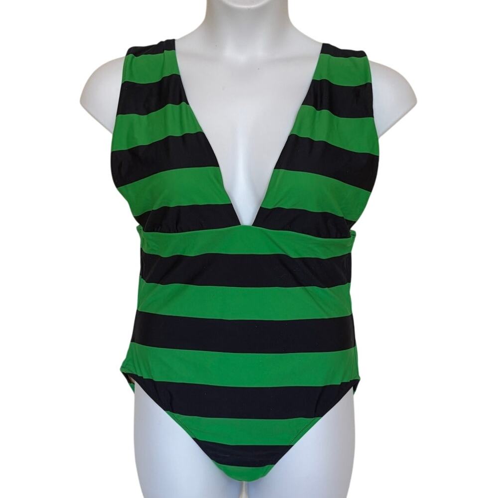 J. Crew Green and Navy Rugby Striped One Piece Swimsuit w Plunging V-Neck sz XL